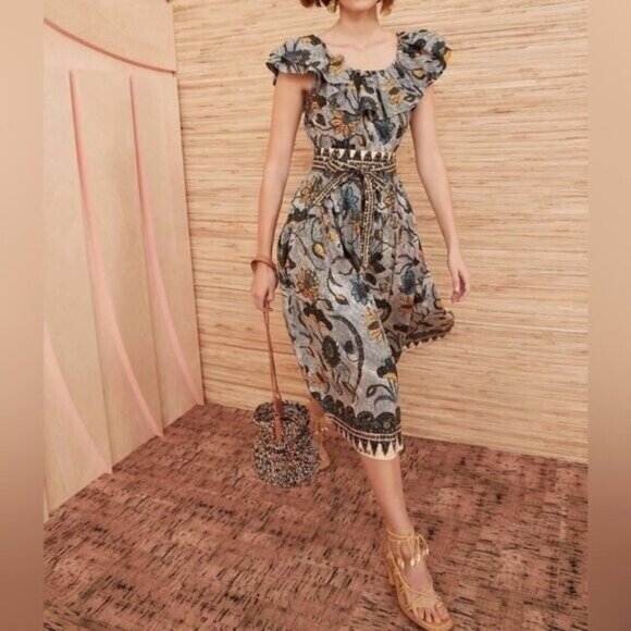 Ulla Johnson Amira Ruffled Neck Flutter Sleeves Midi Dress in Portofino - Picture 1 of 14